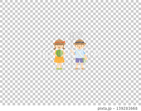 スイカを持つ女の子と虫取りをする男の子・夏 スイカを持つ女の子と虫取りをする男の子・夏 139281668