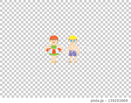 浮き輪を持つ女の子と水着の男の子・夏の海 浮き輪を持つ女の子と水着の男の子・夏の海 139281669