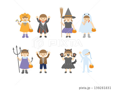 ハロウィンの仮装を楽しむ子供たちのイラストセット ハロウィンの仮装を楽しむ子供たちのイラストセット 139281831