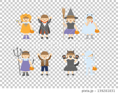 A set of illustrations of children enjoying Halloween costumes. A set of illustrations of children enjoying Halloween costumes. 139281831