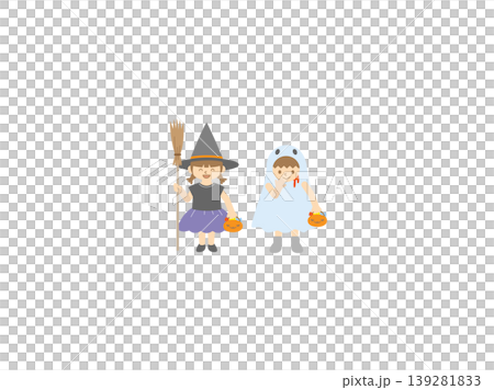 ほうきを持った魔女の女の子とシーツを被ったおばけの男の子 ほうきを持った魔女の女の子とシーツを被ったおばけの男の子 139281833