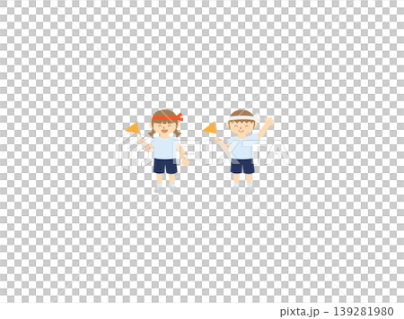 An illustration of children holding flags and cheering at a sports day or athletic festival. 139281980
