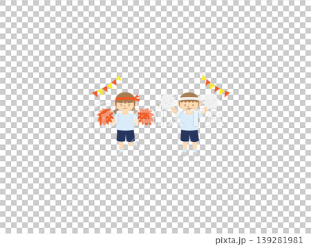 An illustration of children cheering with pom-poms at a sports day or athletic festival. 139281981