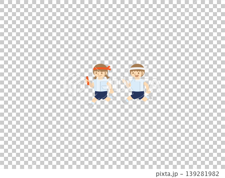 An illustration of children running with a baton in a relay race at a school sports day or athletic festival. 139281982