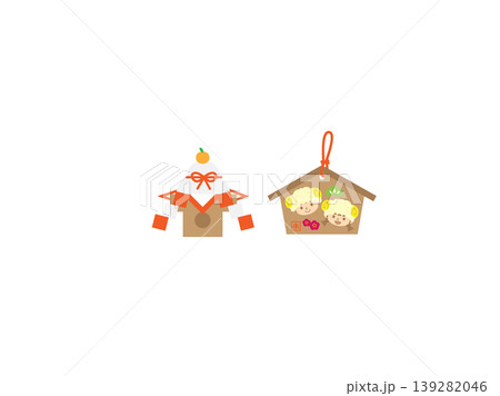 豪華な飾り付けの鏡餅と、未年の子供が描かれた可愛い絵馬 豪華な飾り付けの鏡餅と、未年の子供が描かれた可愛い絵馬 139282046
