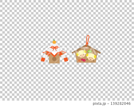 豪華な飾り付けの鏡餅と、未年の子供が描かれた可愛い絵馬 豪華な飾り付けの鏡餅と、未年の子供が描かれた可愛い絵馬 139282046