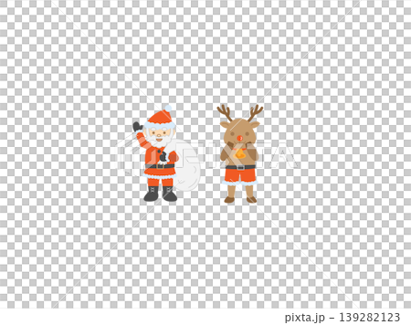 A character of Santa Claus carrying a gift bag and a red-nosed reindeer greeting people. A character of Santa Claus carrying a gift bag and a red-nosed reindeer greeting people. 139282123