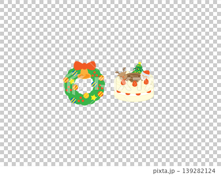 A set of illustrations featuring a festive Christmas wreath and a strawberry decorated cake. A set of illustrations featuring a festive Christmas wreath and a strawberry decorated cake. 139282124