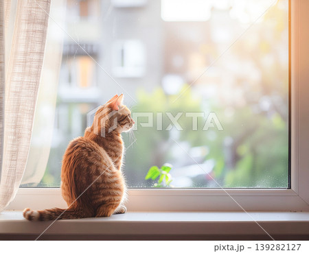 外の世界へ視線を向ける猫と春の移ろい 139282127