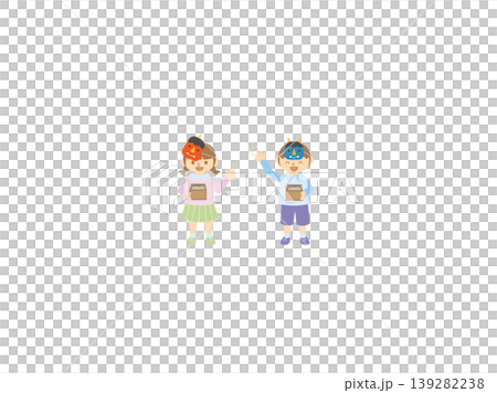 A boy and a girl wearing demon masks throw lucky beans from a wooden measuring cup. A boy and a girl wearing demon masks throw lucky beans from a wooden measuring cup. 139282238