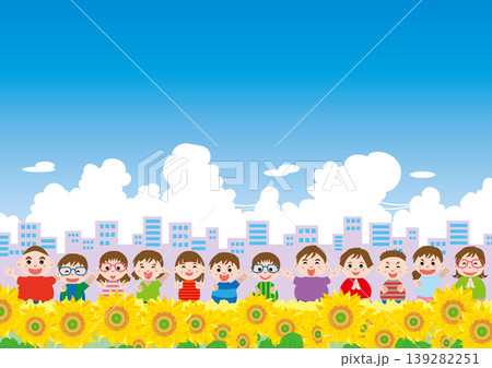 背景素材<夏の子供達のフレーム・ひまわり・楽しい・喜ぶ・小学生・横位置> 背景素材<夏の子供達のフレーム・ひまわり・楽しい・喜ぶ・小学生・横位置> 139282251