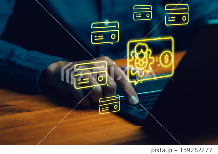Online payment and digital banking concept with person using laptop for credit card transaction, financial technology, e-commerce, and secure money transfer with virtual icons. Online payment and digital banking concept with person using laptop for credit card transaction, financial technology, e-commerce, and secure money transfer with virtual icons. 139282277