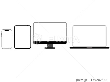 スマートフォン タブレット テレビ パソコンのモノクロ線画アイコンセット シンプルなデジタルデバイス スマートフォン タブレット テレビ パソコンのモノクロ線画アイコンセット シンプルなデジタルデバイス 139282358
