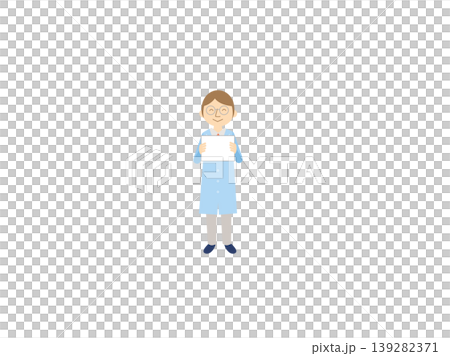 An illustration of a professional wearing a white coat and smiling while holding up a board or documents. An illustration of a professional wearing a white coat and smiling while holding up a board or documents. 139282371