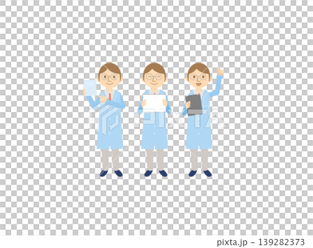 A set of 3 illustrations of male medical professionals wearing white coats. A set of 3 illustrations of male medical professionals wearing white coats. 139282373