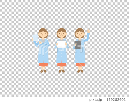 A set of 3 illustrations of female medical professionals wearing white coats. A set of 3 illustrations of female medical professionals wearing white coats. 139282401
