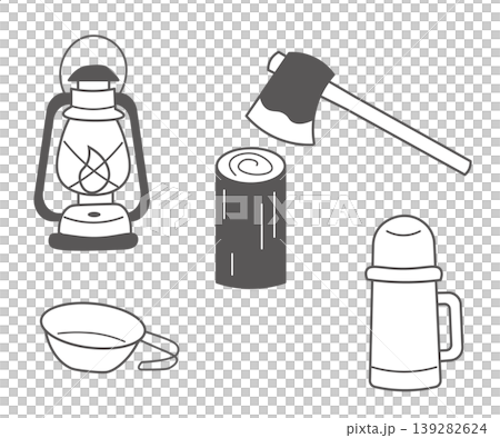 Camping equipment illustration set: line art of lantern, water bottle, Sierra cup, and wood-splitting axe. Camping equipment illustration set: line art of lantern, water bottle, Sierra cup, and wood-splitting axe. 139282624