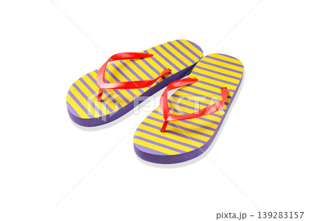 Yellow and purple striped flip flops with red straps, PNG Yellow and purple striped flip flops with red straps, PNG 139283157