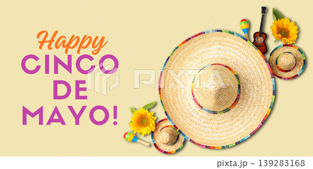 Cinco de Mayo, Colorful sombreros and sunflowers for celebration Cinco de Mayo, Colorful sombreros and sunflowers for celebration 139283168