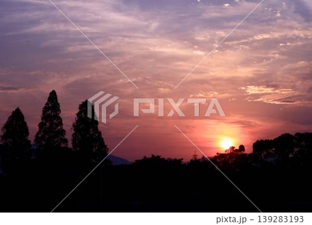 美しい夕焼けとシルエットの木々 139283193
