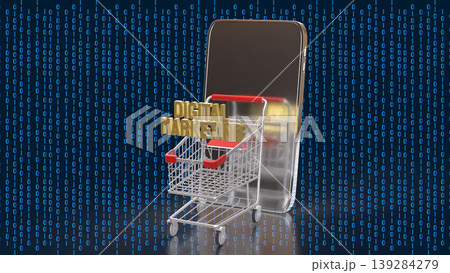 Digital Marketing E commerce Concept with Shopping Cart and Smartphone 3d render. Digital Marketing E commerce Concept with Shopping Cart and Smartphone 3d render. 139284279