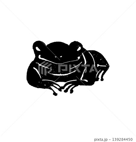 座るカエルの正面からの版画風イラスト　モノクロ 139284450