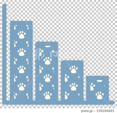 Simple bar graph icon, downward sloping to the right, blue, with a paw print. Simple bar graph icon, downward sloping to the right, blue, with a paw print. 139284883