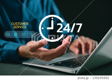 Customer service 24-7 call support worldwide available contact, laptop displaying virtual clock icons provides assistance during global delivery operations for modern business needs 139285002