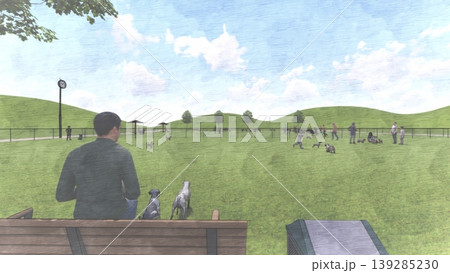 広々とした緑のドッグランと遊ぶ犬たちの風景 人物あり(3DCG・イラスト) 広々とした緑のドッグランと遊ぶ犬たちの風景 人物あり(3DCG・イラスト) 139285230