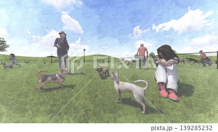 広々とした緑のドッグランと遊ぶ犬たちの風景 人物あり(3DCG・イラスト) 広々とした緑のドッグランと遊ぶ犬たちの風景 人物あり(3DCG・イラスト) 139285232