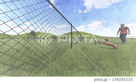 広々とした緑のドッグランと遊ぶ犬たちの風景 人物あり(3DCG・イラスト) 広々とした緑のドッグランと遊ぶ犬たちの風景 人物あり(3DCG・イラスト) 139285233