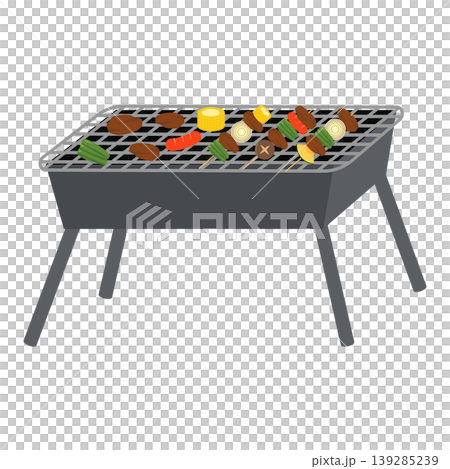 一張燒烤架的插圖，上面擺滿了食物。 139285239