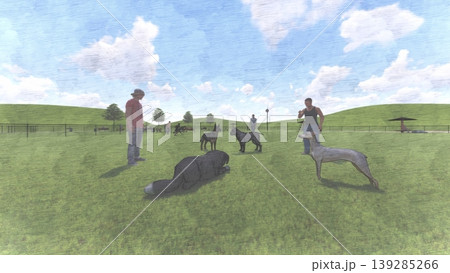 広々とした緑のドッグランと遊ぶ犬たちの風景 人物あり(3DCG・イラスト) 広々とした緑のドッグランと遊ぶ犬たちの風景 人物あり(3DCG・イラスト) 139285266