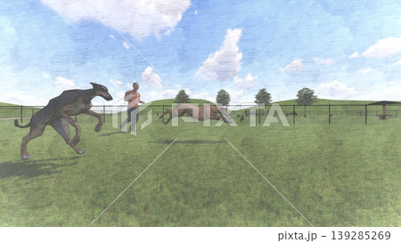 広々とした緑のドッグランと遊ぶ犬たちの風景　人物あり（3DCG・イラスト） 139285269
