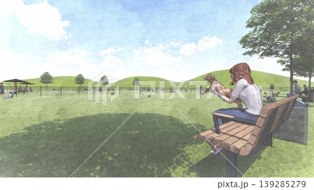 広々とした緑のドッグランと遊ぶ犬たちの風景 人物あり(3DCG・イラスト) 広々とした緑のドッグランと遊ぶ犬たちの風景 人物あり(3DCG・イラスト) 139285279