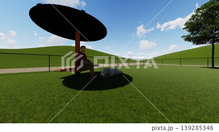 広々とした緑のドッグランと遊ぶ犬たちの風景 人物あり(3DCG・イラスト) 広々とした緑のドッグランと遊ぶ犬たちの風景 人物あり(3DCG・イラスト) 139285346