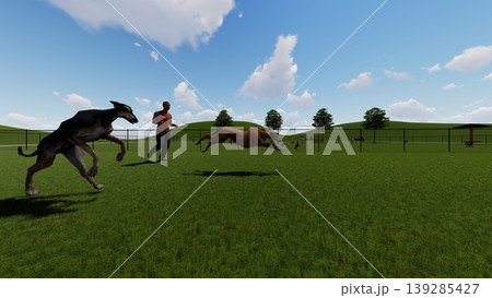 広々とした緑のドッグランと遊ぶ犬たちの風景 人物あり(3DCG・イラスト) 広々とした緑のドッグランと遊ぶ犬たちの風景 人物あり(3DCG・イラスト) 139285427