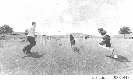 広々とした緑のドッグランと遊ぶ犬たちの風景　人物あり（3DCG・イラスト） 139285448
