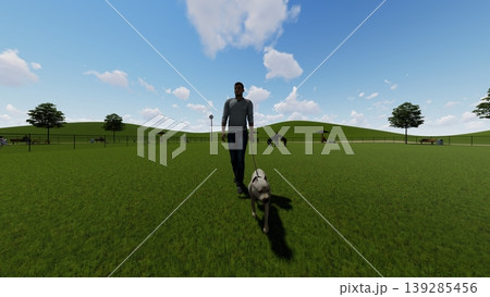 広々とした緑のドッグランと遊ぶ犬たちの風景 人物あり(3DCG・イラスト) 広々とした緑のドッグランと遊ぶ犬たちの風景 人物あり(3DCG・イラスト) 139285456