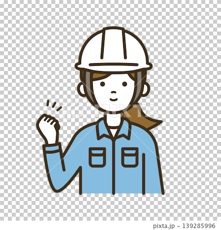 ガッツポーズをする点検作業員の女性イラスト|白ヘルメット・作業服・解決・成功 ガッツポーズをする点検作業員の女性イラスト|白ヘルメット・作業服・解決・成功 139285996