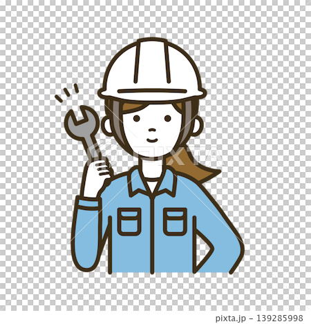 スパナを持ち修理の準備をする作業員の女性イラスト｜白ヘルメット・作業服・技術者 139285998