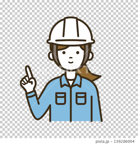 指差しポーズで注目を促す点検作業員の女性イラスト|白ヘルメット・作業服・チェック 指差しポーズで注目を促す点検作業員の女性イラスト|白ヘルメット・作業服・チェック 139286004