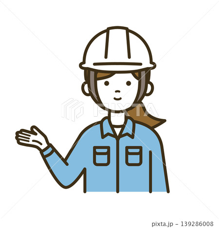 案内・紹介をする点検作業員の女性イラスト｜白ヘルメット・作業服 139286008
