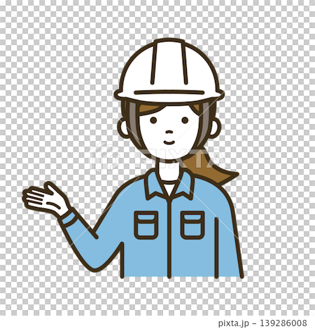 案内・紹介をする点検作業員の女性イラスト｜白ヘルメット・作業服 139286008