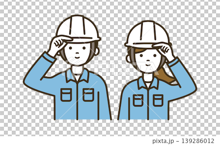 A pair of male and female workers checking their helmets for safety | White helmets, showing their determination. 139286012