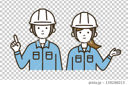 A pair of male and female workers providing guidance and pointing instructions | White helmets, work clothes, inspection, repair A pair of male and female workers providing guidance and pointing instructions | White helmets, work clothes, inspection, repair 139286013
