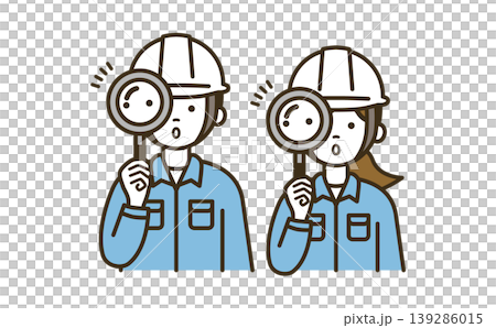 A pair of male and female workers are surprised by an investigation using a magnifying glass | White helmets, thorough inspection, discovery, team A pair of male and female workers are surprised by an investigation using a magnifying glass | White helmets, thorough inspection, discovery, team 139286015