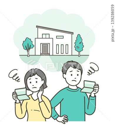 通帳を見て住宅資金や購入に悩みつつ一軒家を思い浮かべる若い夫婦 通帳を見て住宅資金や購入に悩みつつ一軒家を思い浮かべる若い夫婦 139286059