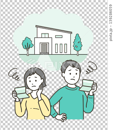 A young couple looks at their bank account, worrying about housing funds and the possibility of buying a home, while picturing themselves in the world of a detached house. A young couple looks at their bank account, worrying about housing funds and the possibility of buying a home, while picturing themselves in the world of a detached house. 139286059