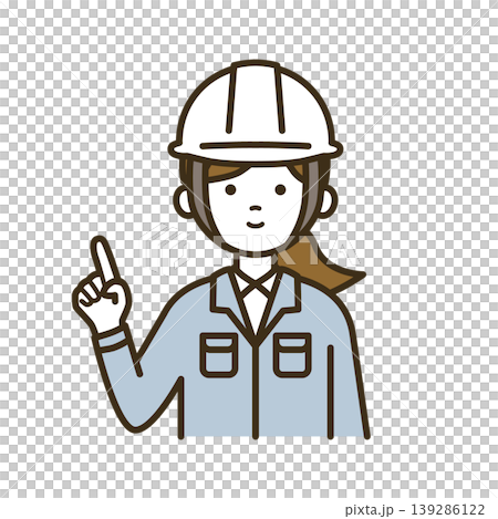 作業服で注目を促す女性技術者のイラスト｜白ヘルメット・指差し・重要ポイント 139286122